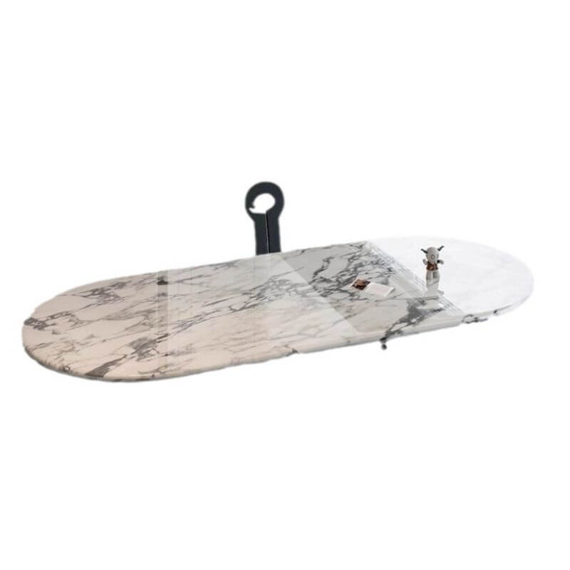 Oval dining table with white marble top and fixed base, perfect for contemporary dining rooms