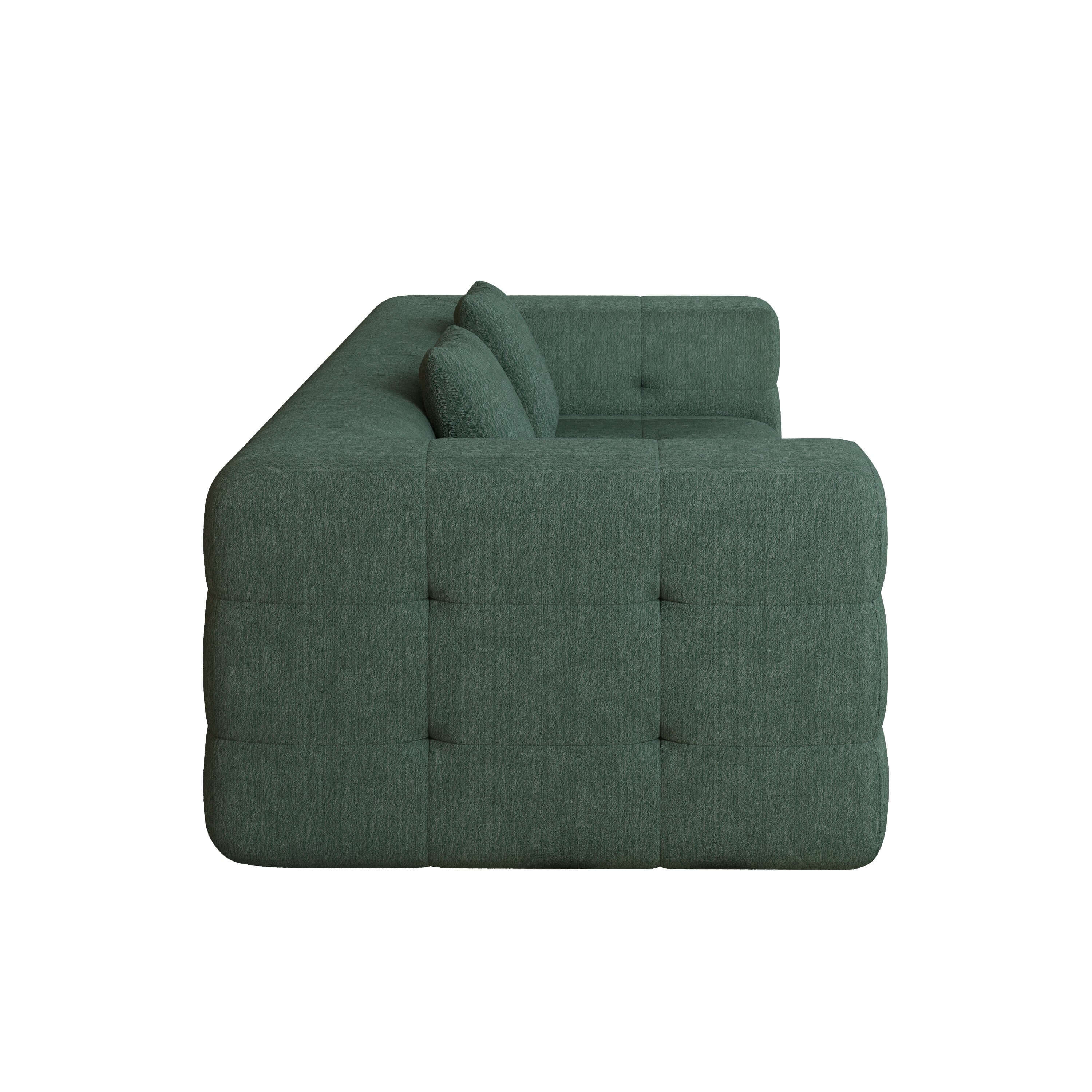 Green love seat sofa upholstered in soft chenille velvet fabric, perfect for modern living rooms