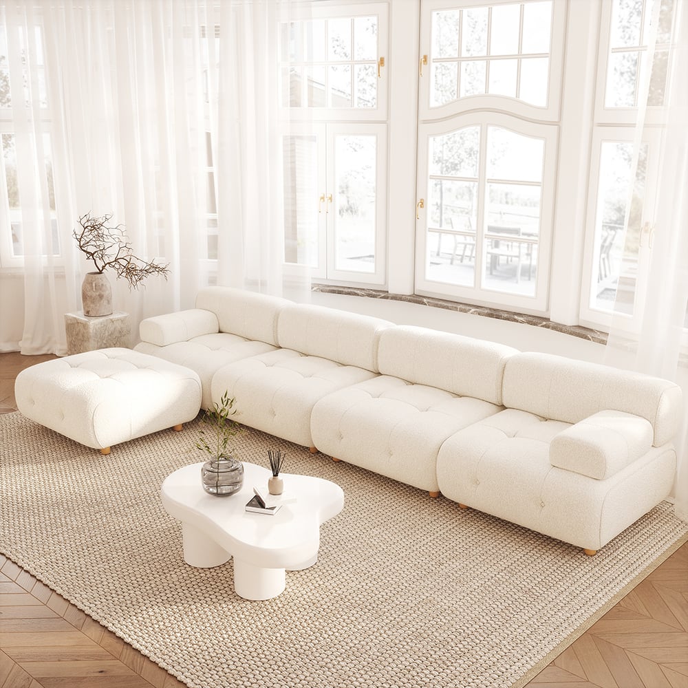 White modern L-shaped modular boucle sectional sofa loveseat with wood legs main product image メイン画像