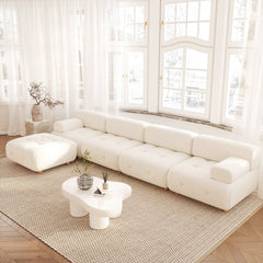 Modernes L-förmiges, modulares, weißes Ecksofa aus Bouclé-Sofa mit Holzbeinen