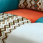 Farmhouse wood sofa with patchwork polyester blend upholstery and foam seat fill