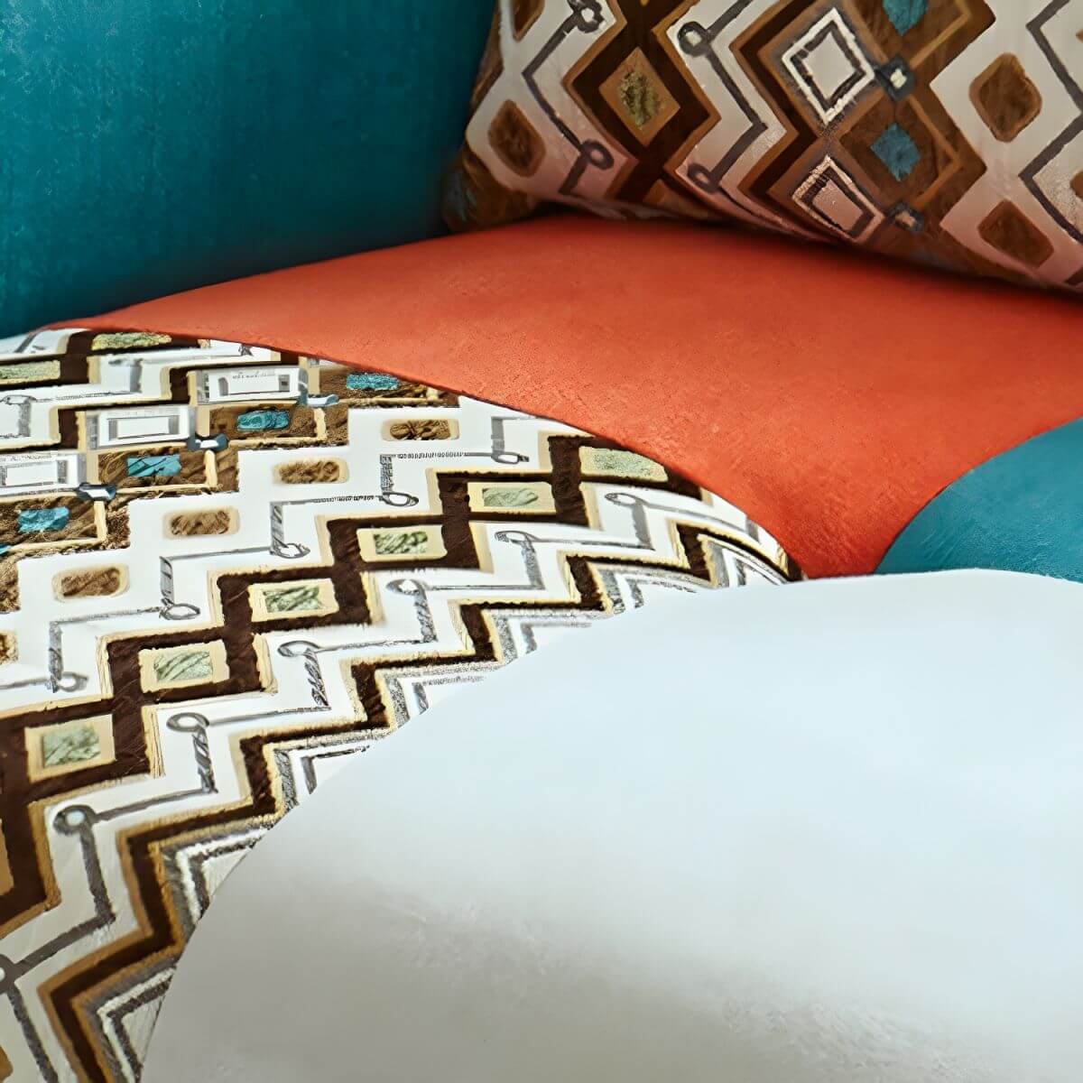 Farmhouse wood sofa with patchwork polyester blend upholstery and foam seat fill