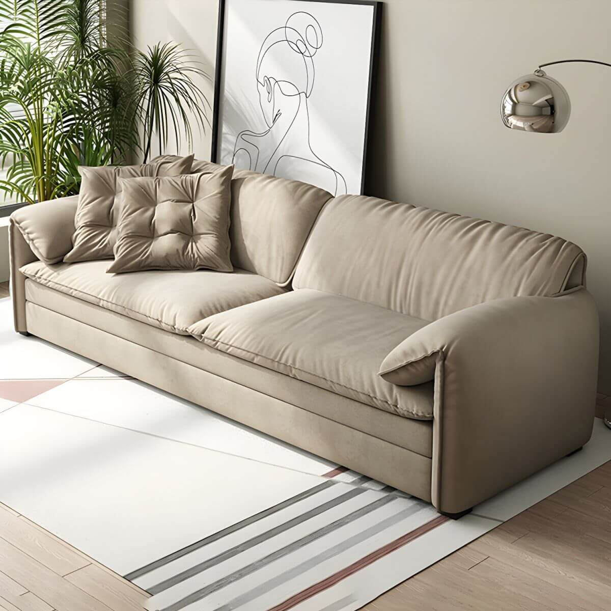Gray Scandinavian sofa bed with fabric upholstery and coir faux leather sleeper, 69 inches long