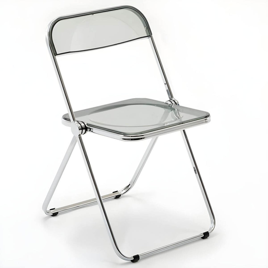 Scandinavian style dining chair with silver metal legs and plastic acrylic seat