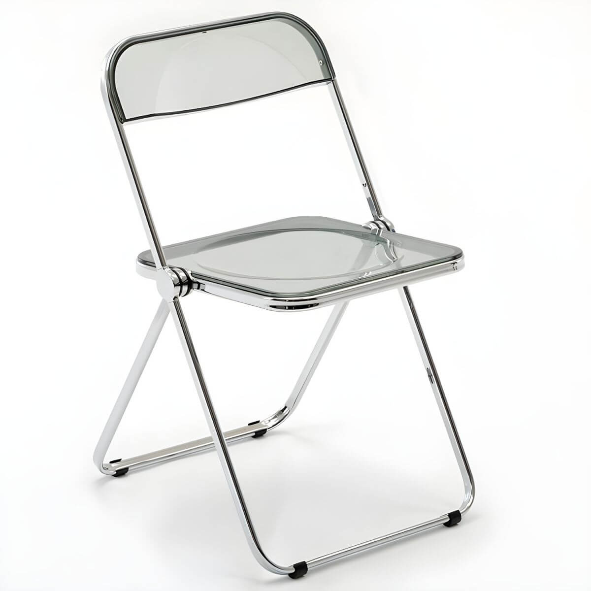 Scandinavian style dining chair with silver metal legs and plastic acrylic seat