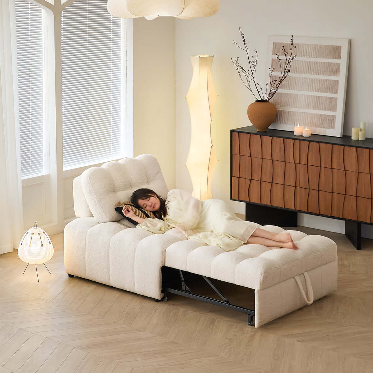 Cocochairs Teddy Fleece Lounge Sofa Bed – Cream White Pull-Out Sleeper for Small Spaces