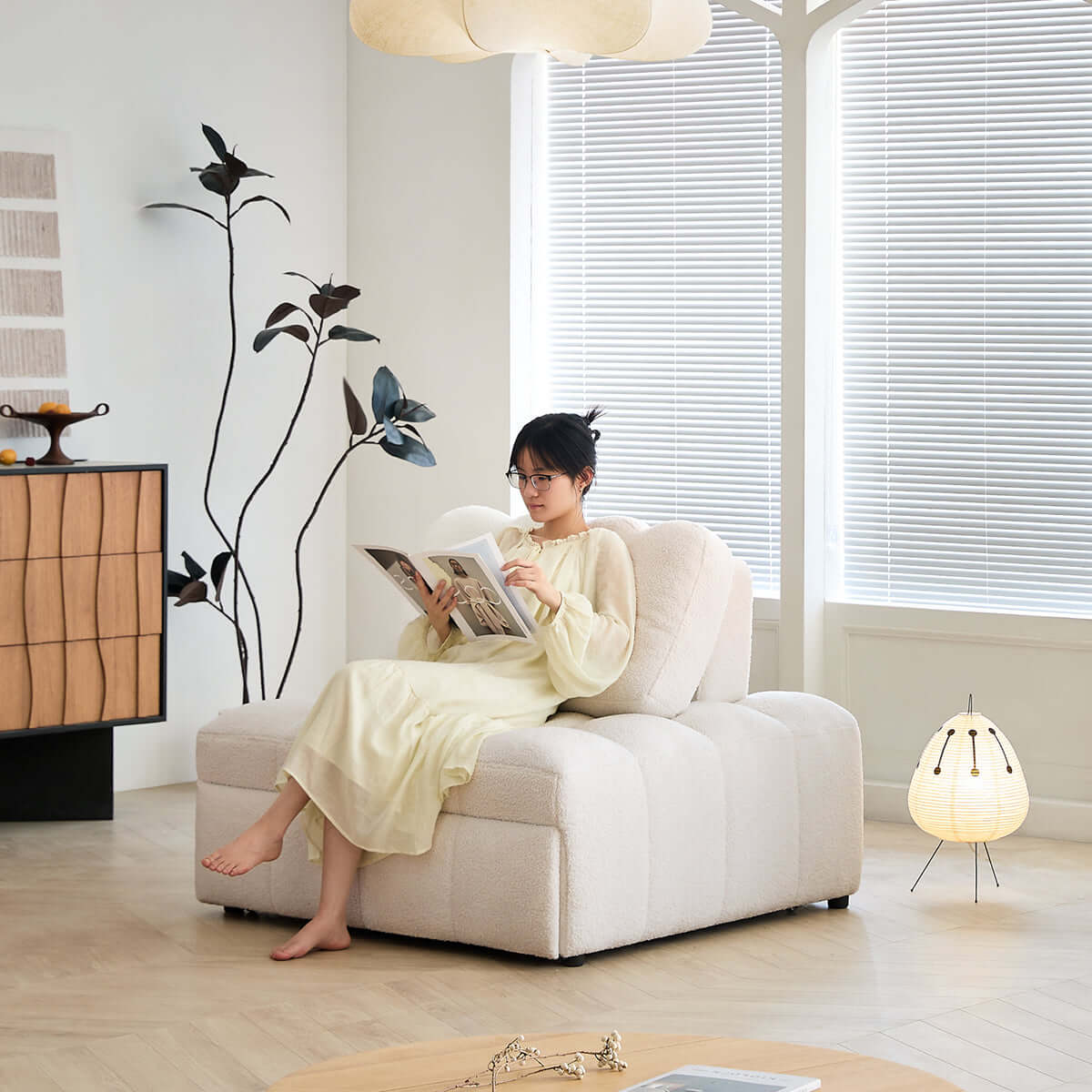 Cocochairs Teddy Fleece Lounge Sofa Bed – Cream White Pull-Out Sleeper for Small Spaces