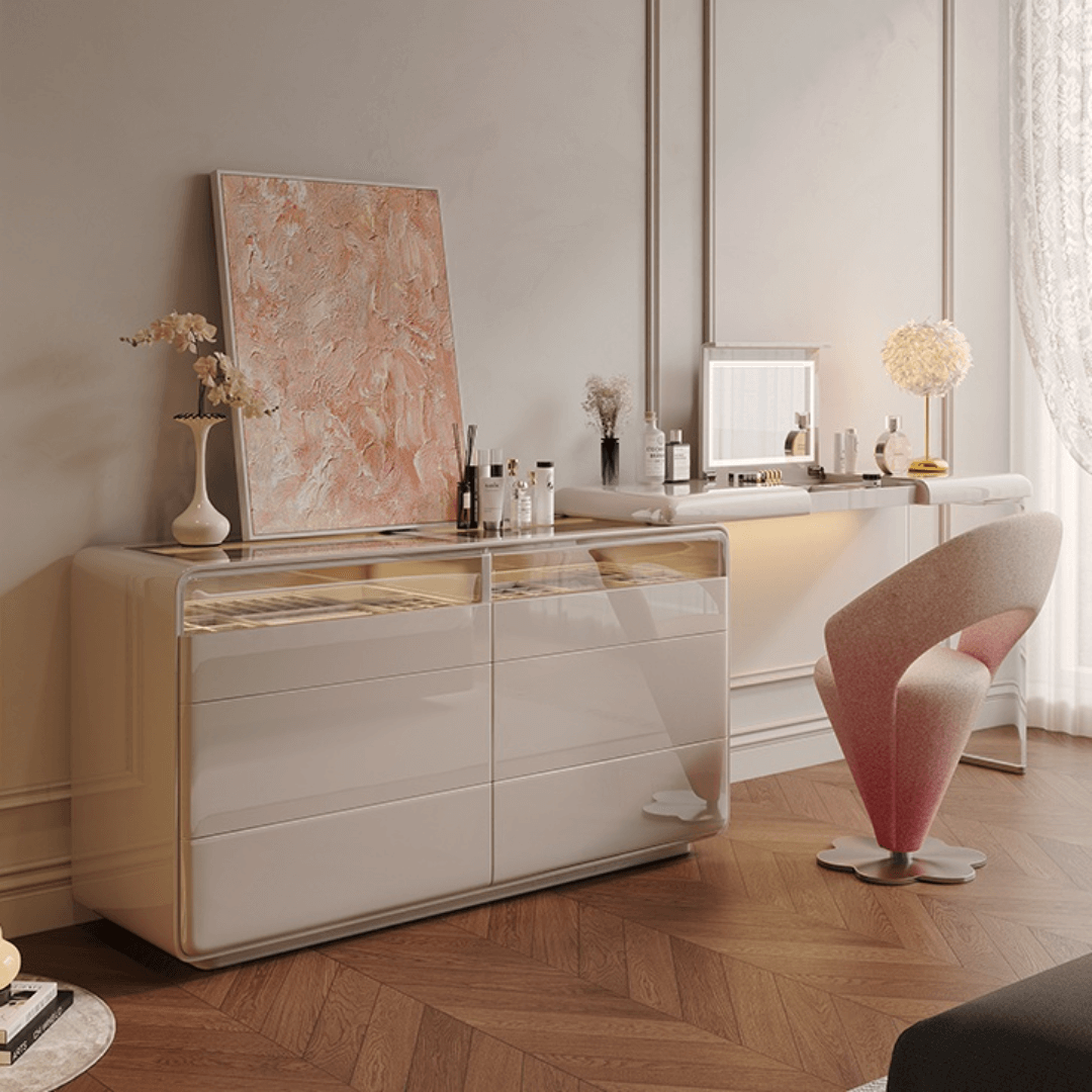 Pink and khaki Luxe Cone vanity stool with swivel feature for stylish seating