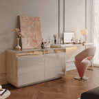 Pink and khaki Luxe Cone vanity stool with swivel feature for stylish seating