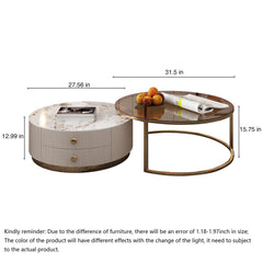 Modern Round Coffee Table Set Sintered Stone with 2 Drawers & Metal Legs