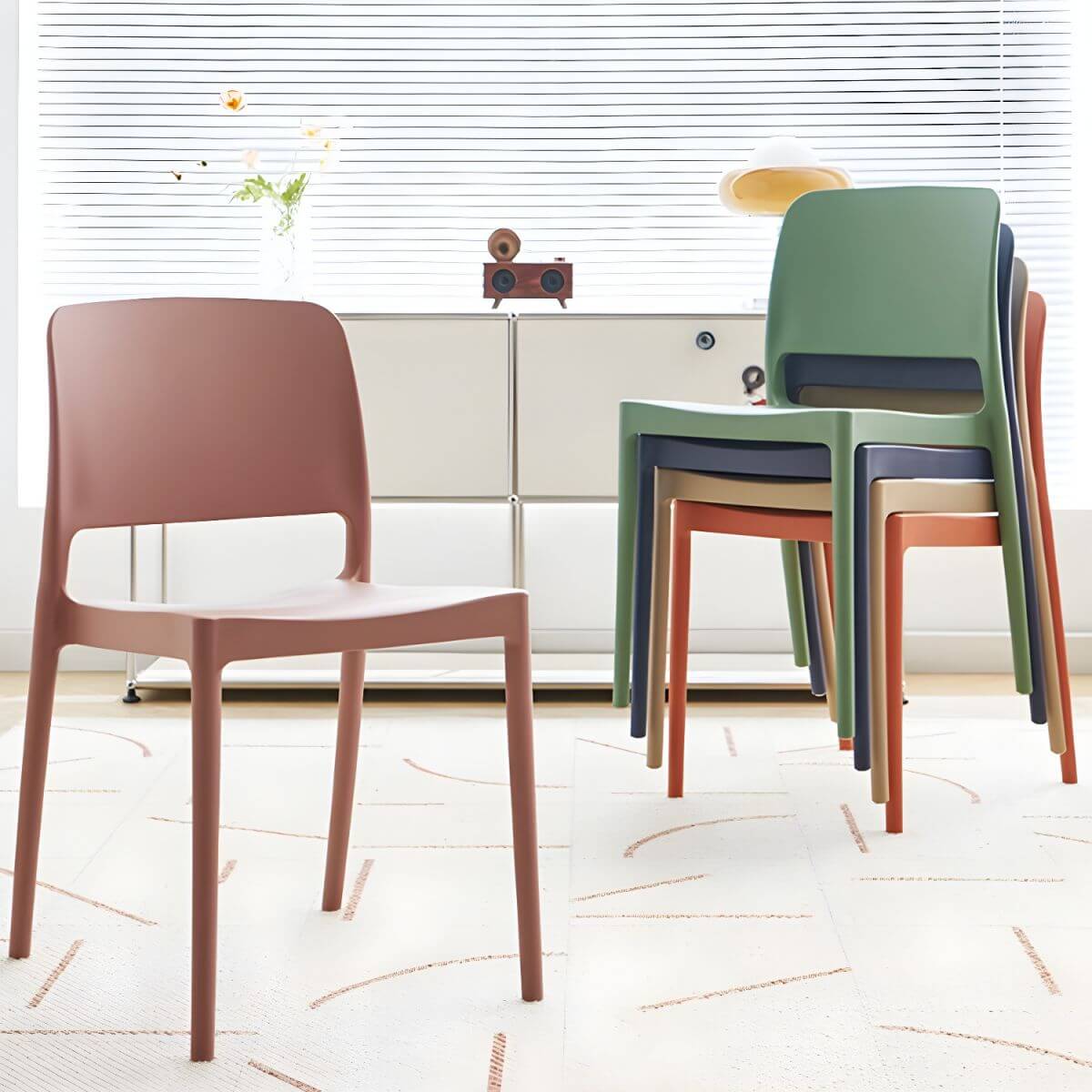 Scandinavian plastic and acrylic dining chair with low backrest and armless design main product image Hauptbild