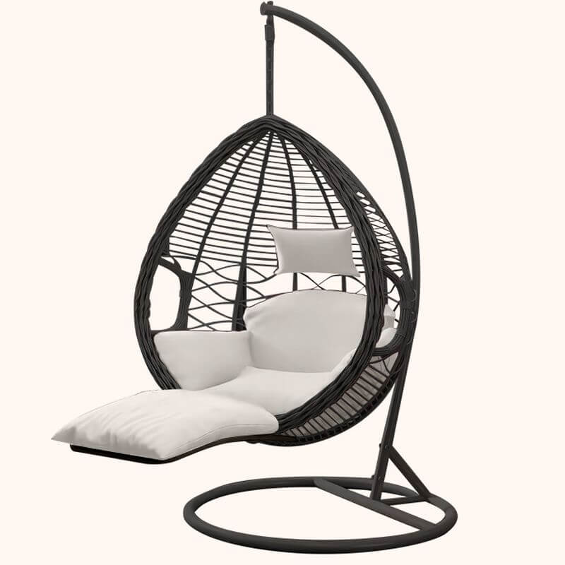 Metal upholstered porch swing egg chair with stand and chain, seating for two in cocoa and cream colors