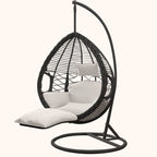 Metal upholstered porch swing egg chair with stand and chain, seating for two in cocoa and cream colors
