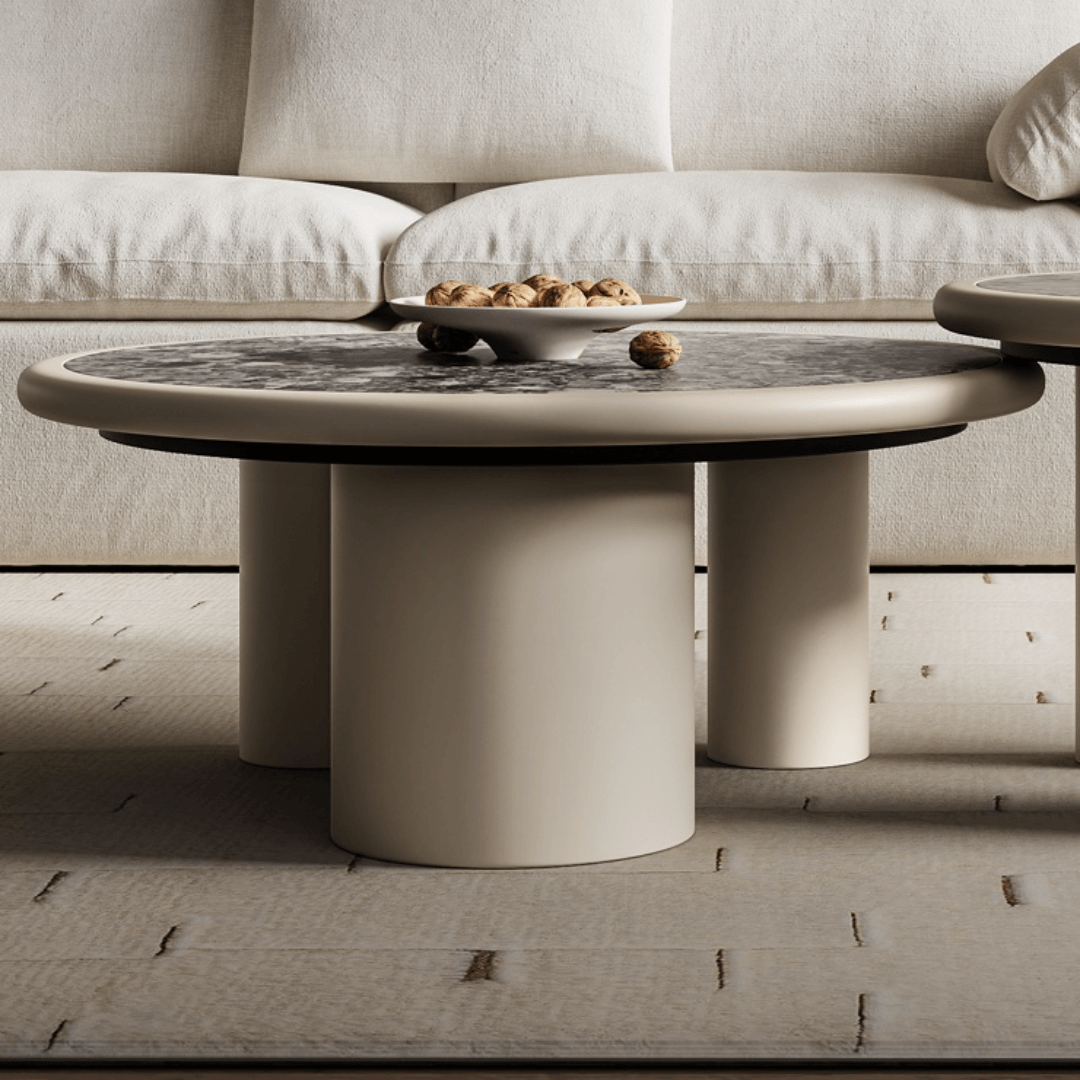 Round terrazzo coffee table with elegant design, perfect for chic home decor