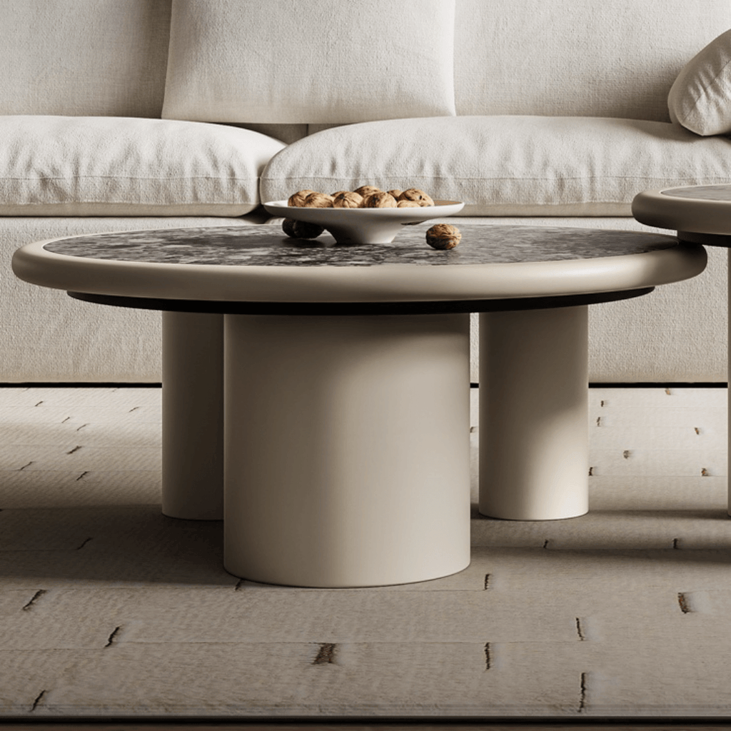 Round terrazzo coffee table with elegant design, perfect for chic home decor