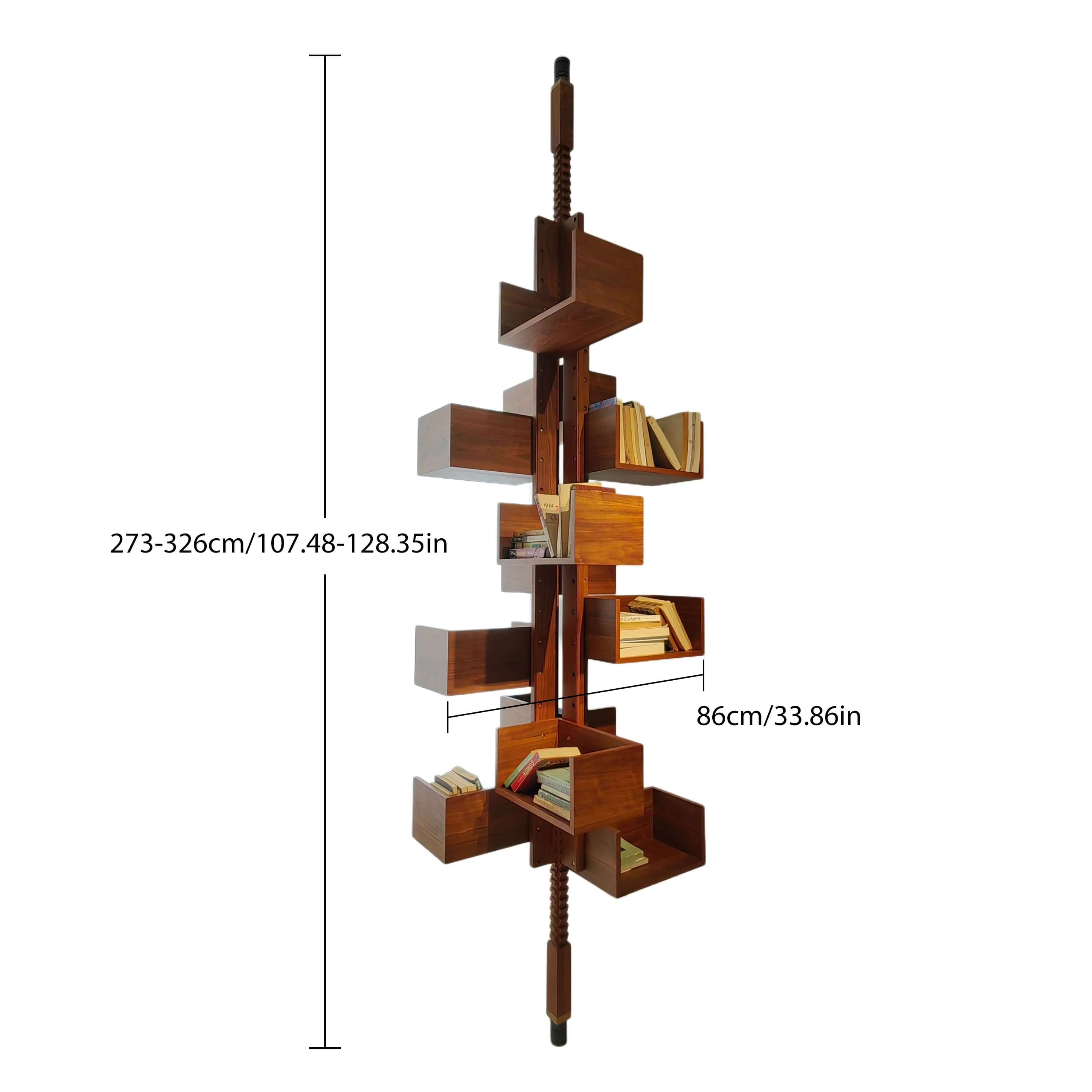 360-degree rotating walnut wood bookshelf extending from floor to ceiling for stylish storage