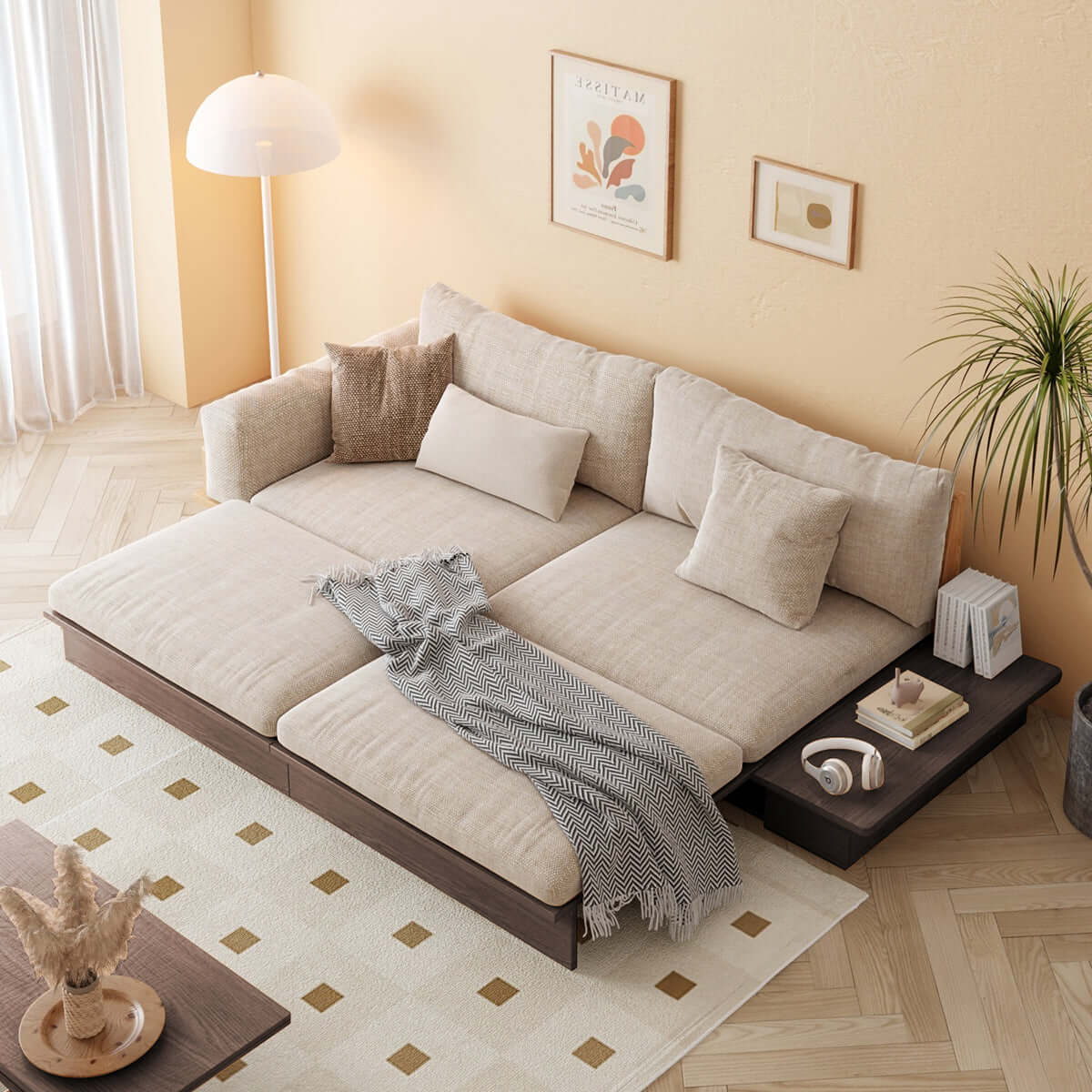 Beige folding sofa bed with solid wood frame and upholstered cotton linen cushions