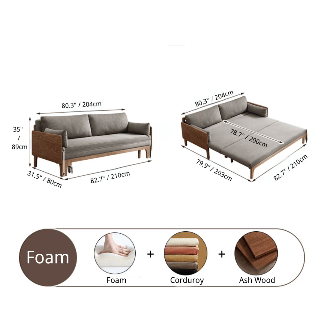 Gray corduroy sofa bed with durable ash wood frame, foldable design ideal for small spaces