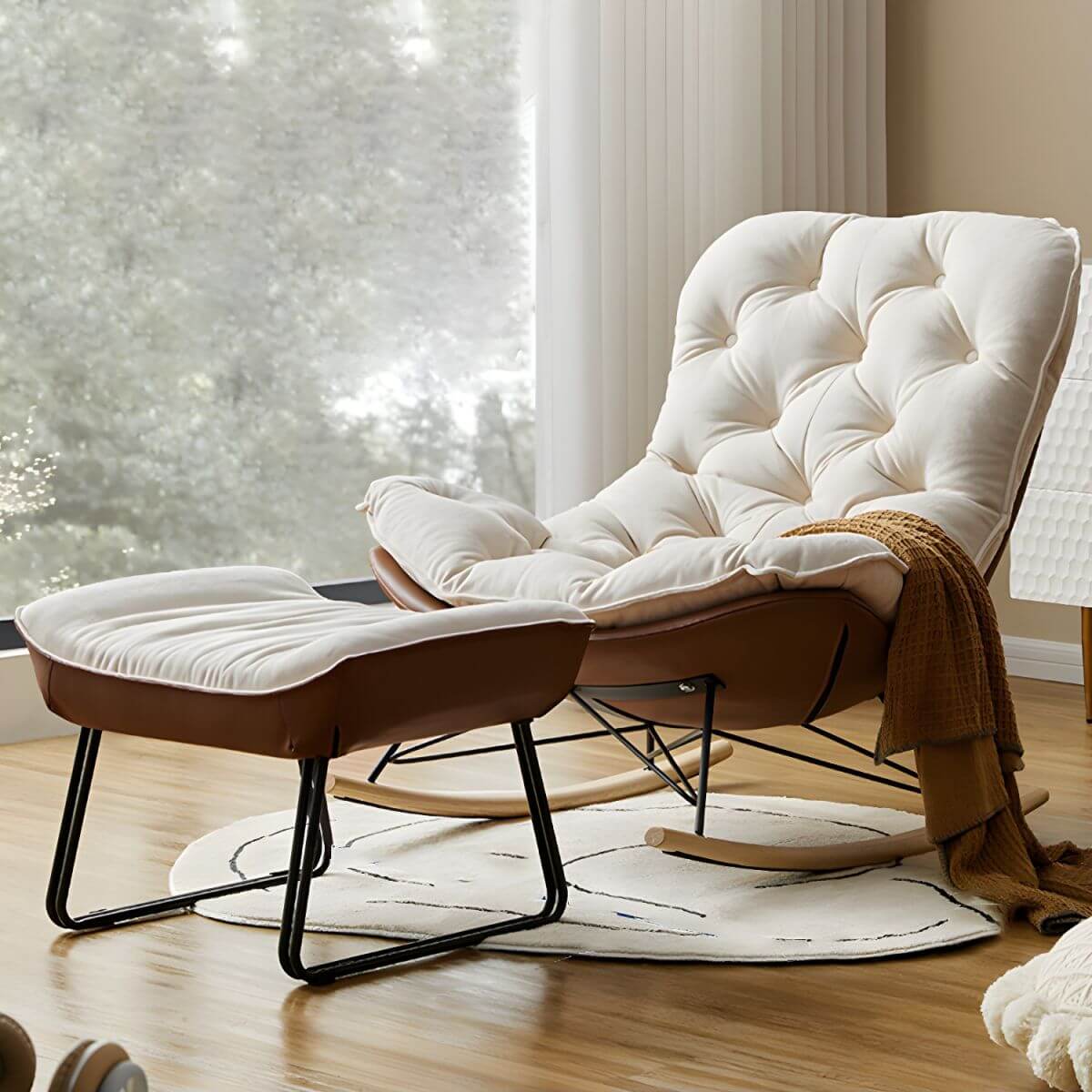 Button-tufted upholstered wooden rocking accent chair with black legs