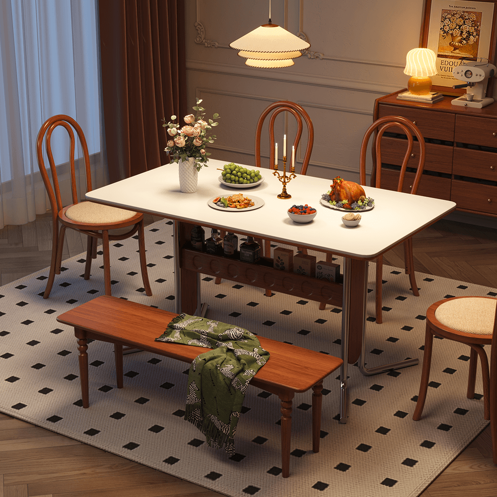 Square vintage dining and desk combo table with slate top, storage, and stainless steel legs