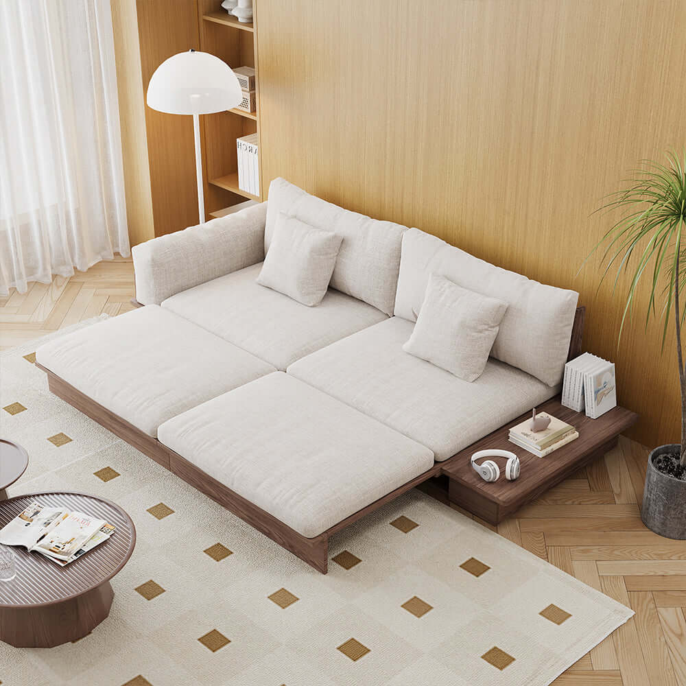 Cocochairs Floor Platform Wood Frame Sofa Bed – Reversible Armrests, Corduroy or Linen-Blend Upholstery