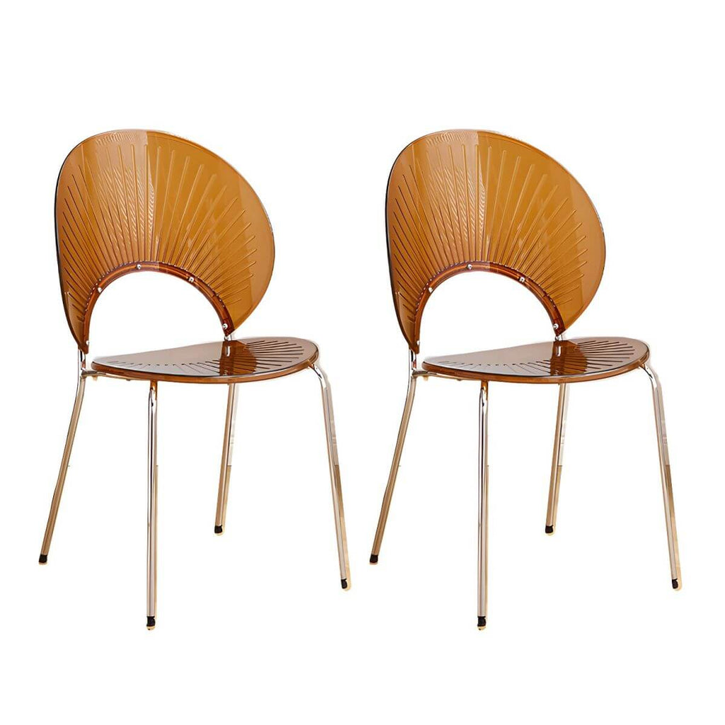 Stackable acrylic dining chair with open back and metal legs, armless design for modern dining rooms