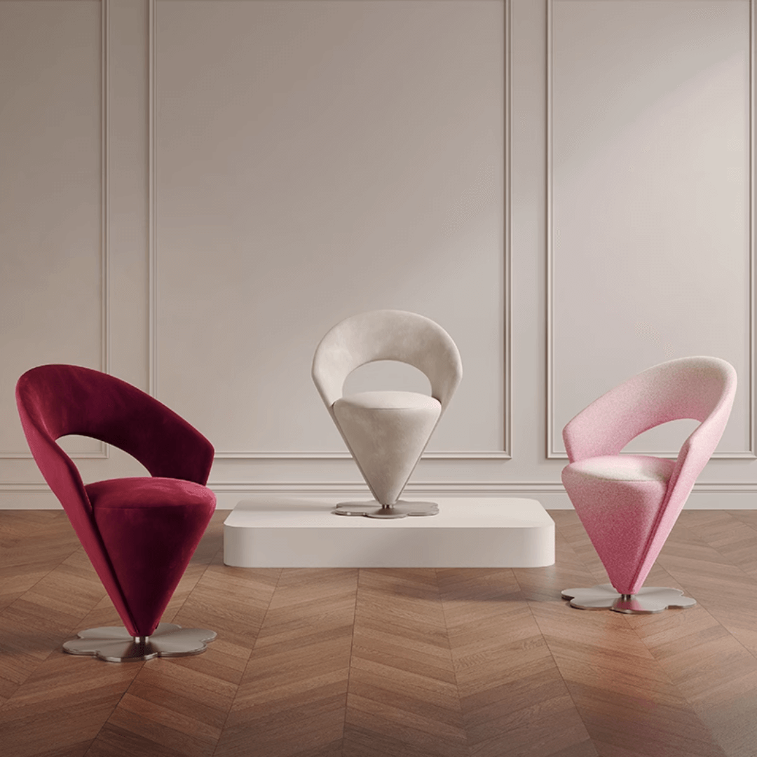 Pink and khaki Luxe Cone vanity stool with swivel feature for stylish seating