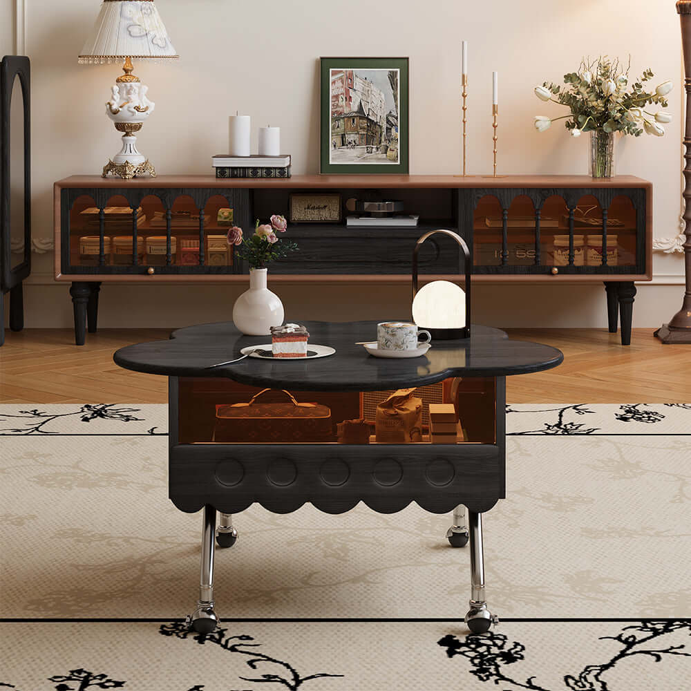 Movable retro coffee table with solid wood and adjustable petal design for living room