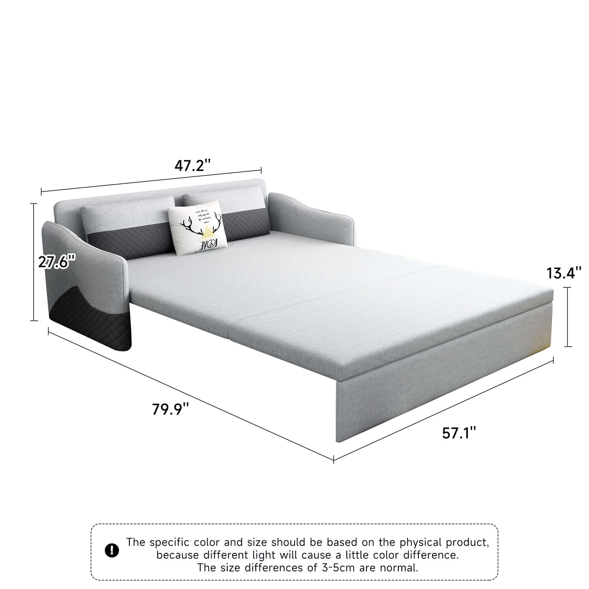 Grey 3-in-1 pull out couch bed with cotton linen upholstery and storage chaise