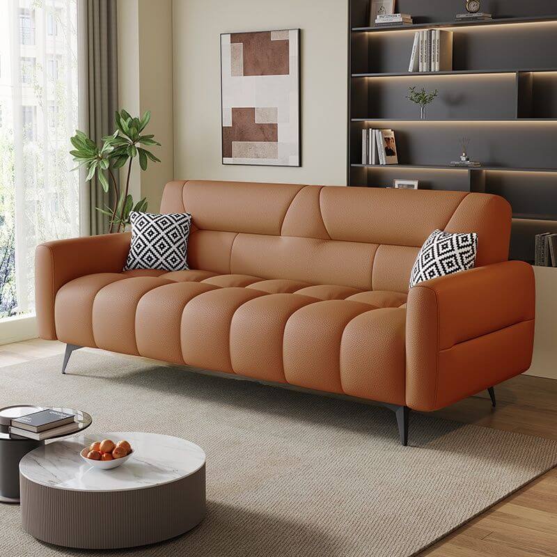 Synthetic Leather Arm-Included Amber Color Standard Sofa, Orange, Latex, 83"L x 28"W x 33"H