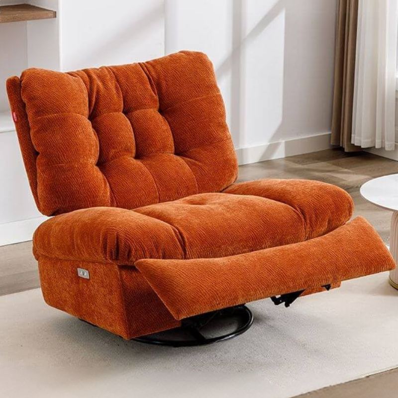 Sillón de acento reclinable de metal color sólido Art Deco con base giratoria, detalles acolchados y movimiento independiente del pie Imagen principal del producto