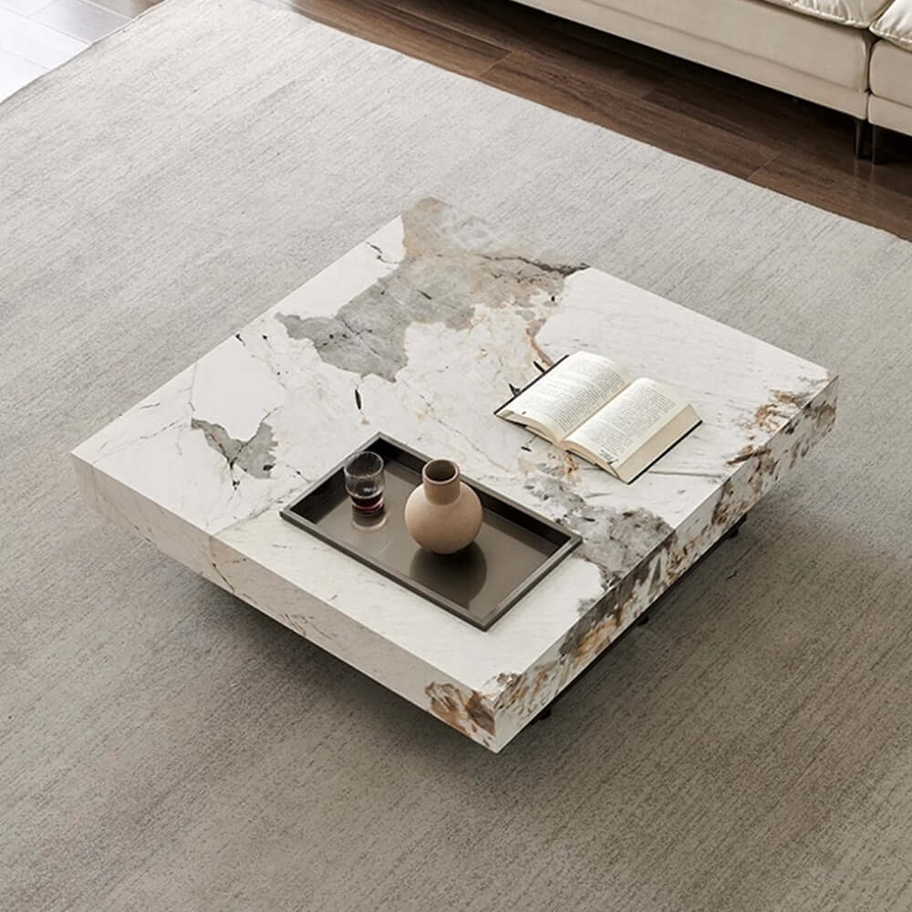Square coffee table with luxury marbled top and sturdy metal legs