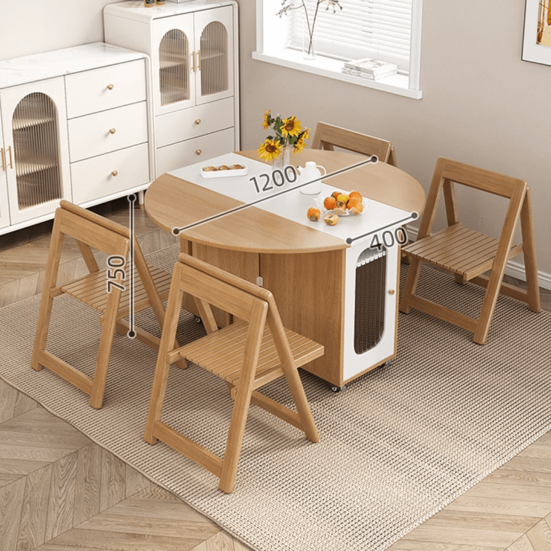 Round folding dining table with marble texture, perfect for small homes and space-saving design