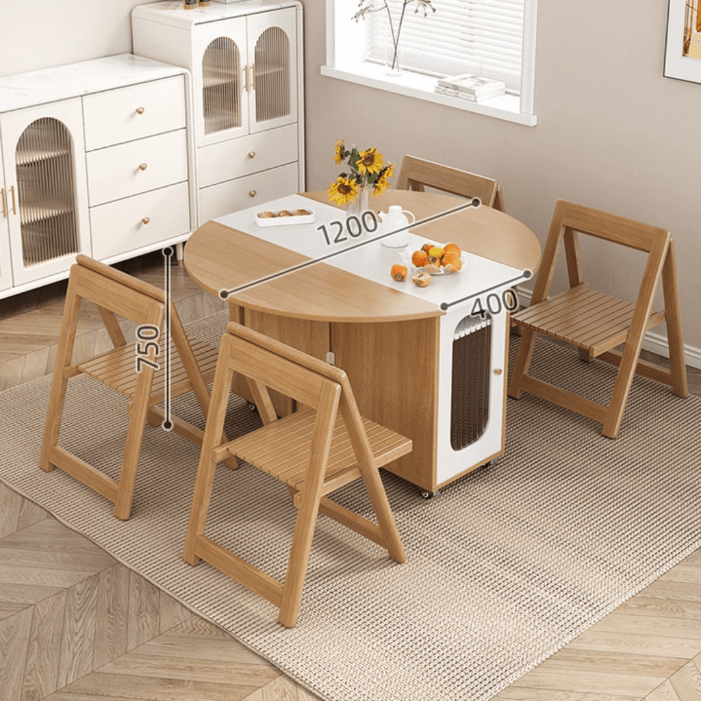 Round folding dining table with marble texture, perfect for small homes and space-saving design