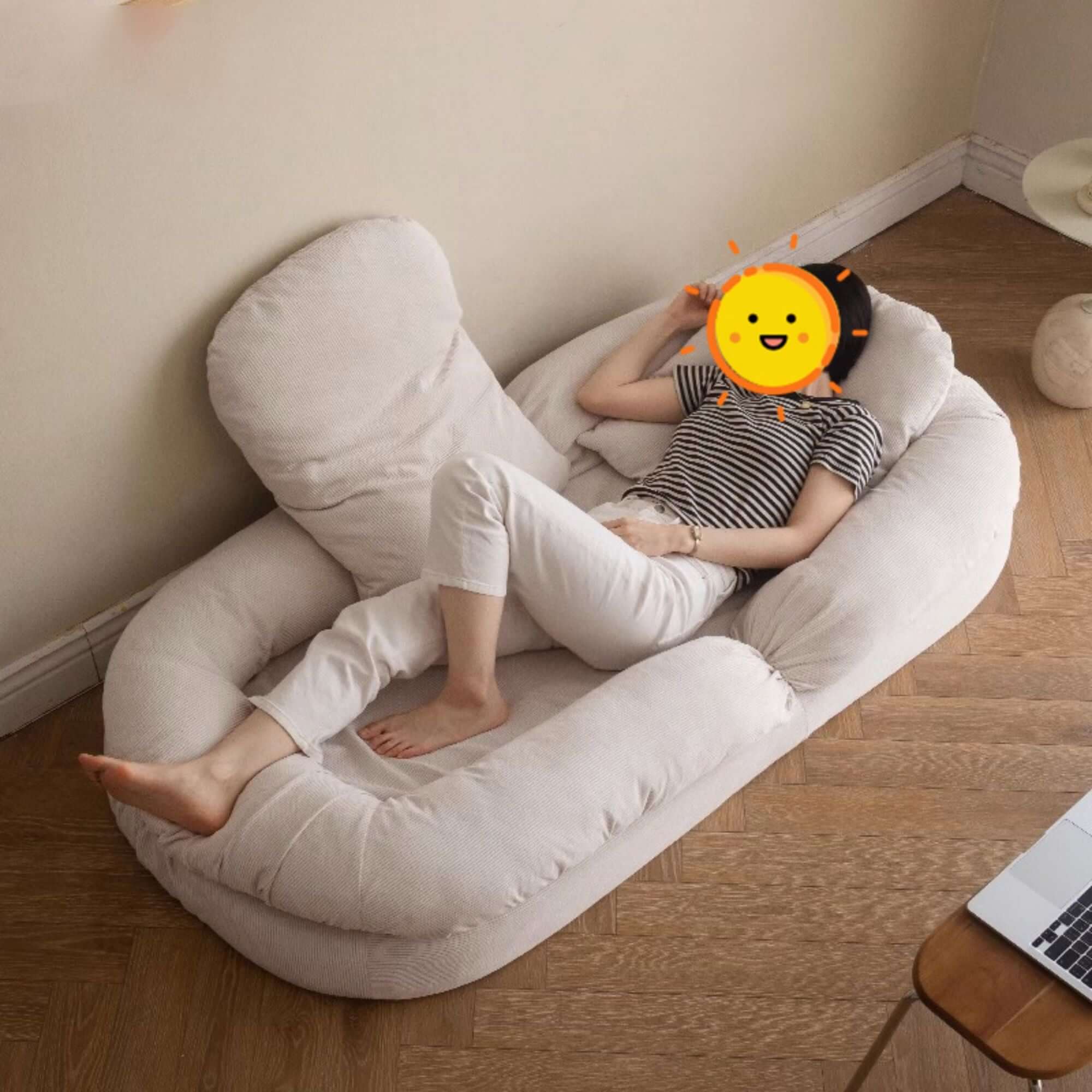 Beige modern convertible sleeper sofa bed with soft teddy velvet upholstery