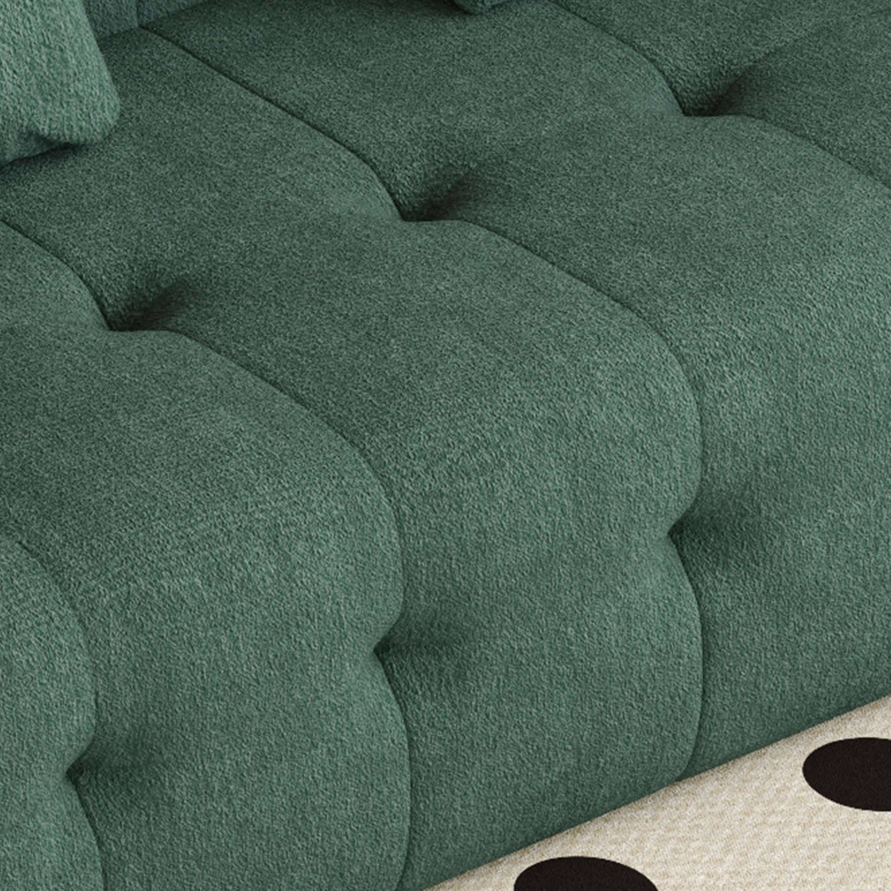 Green love seat sofa upholstered in soft chenille velvet fabric, perfect for modern living rooms