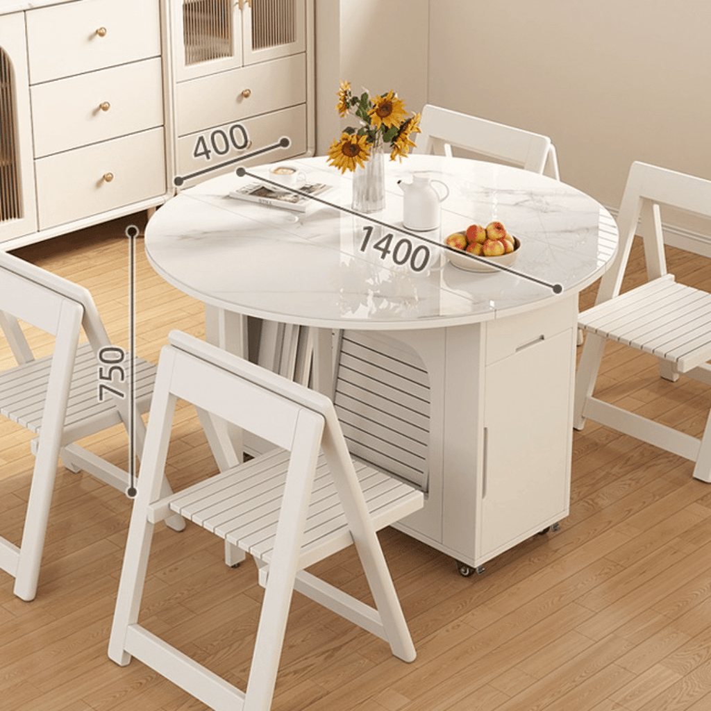Round folding dining table with marble texture, perfect for small homes and space-saving design