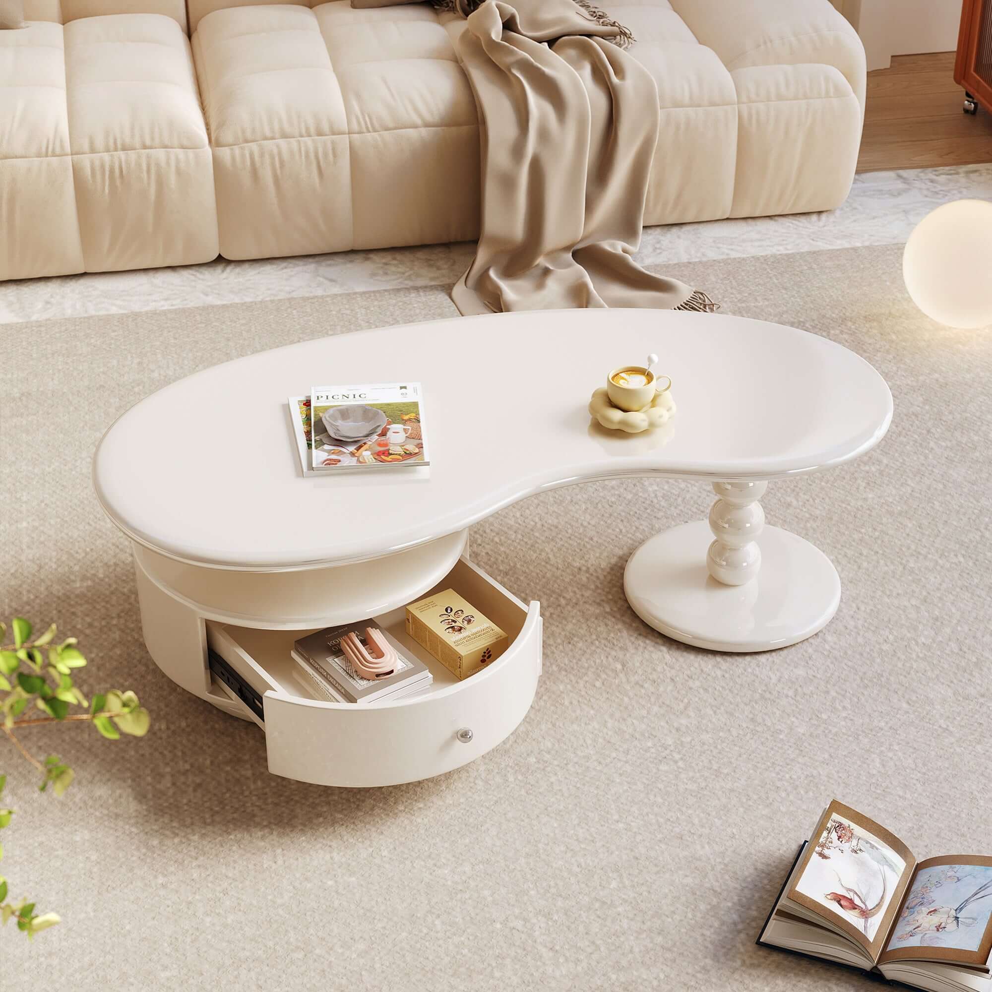 White modern coffee table with storage compartments, perfect for creative living spaces