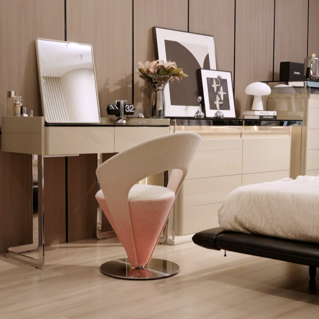 Pink and khaki Luxe Cone vanity stool with swivel feature for stylish seating