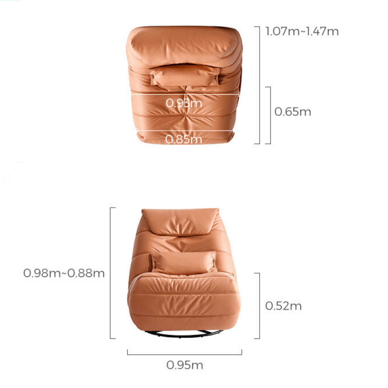 Orange adjustable angle Leath-Aire lounge chair with caterpillar design, single sofa style