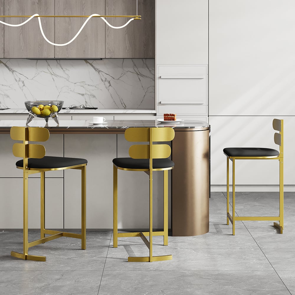 Set of four modern black PU leather counter stools with backrest for kitchen or breakfast bar