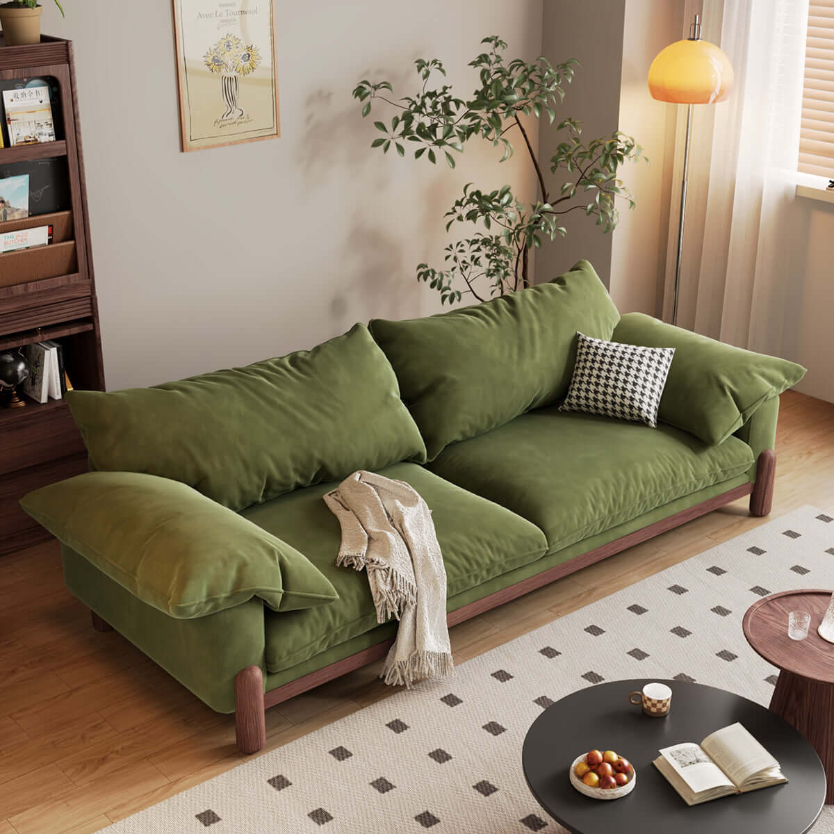 Wooden three-seater sofa with armrests offering oversized comfort and stylish design