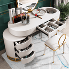 Makeup vanity set with extendable dressing table, side cabinet, mirror, and chair in white, pink, green, and blue