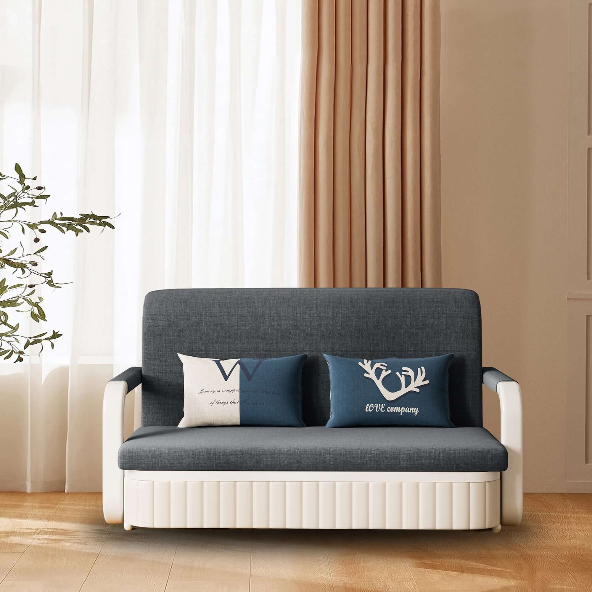 Two-seater sofa bed with cotton linen upholstery, storage compartment, and square arm design