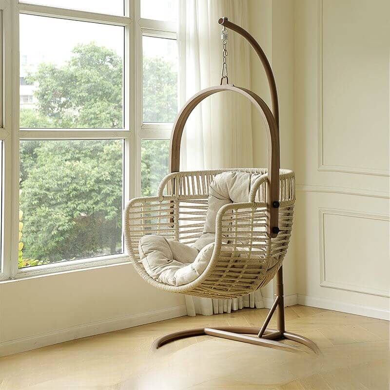 Tropical cocoa and cream upholstered porch swing with alloy frame, stand, and chain included