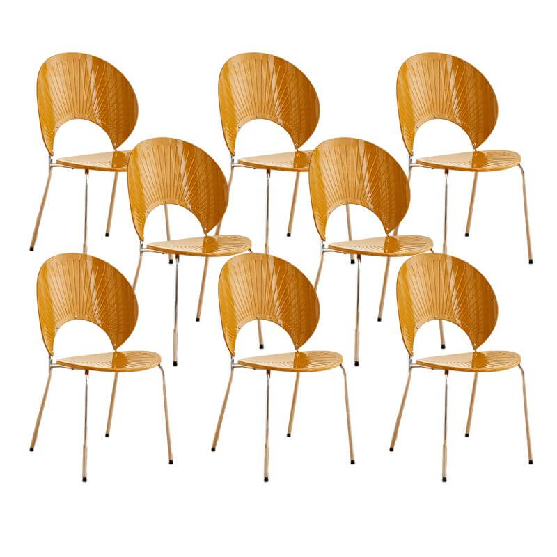 Stackable Scandinavian style dining chair with plastic seat, acrylic back, and silver legs