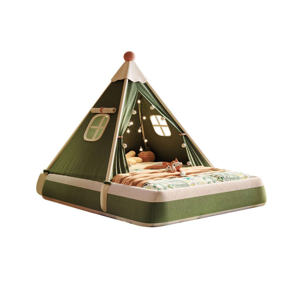 Christmas-themed upholstered kids tent bed providing a safe and festive play and rest space