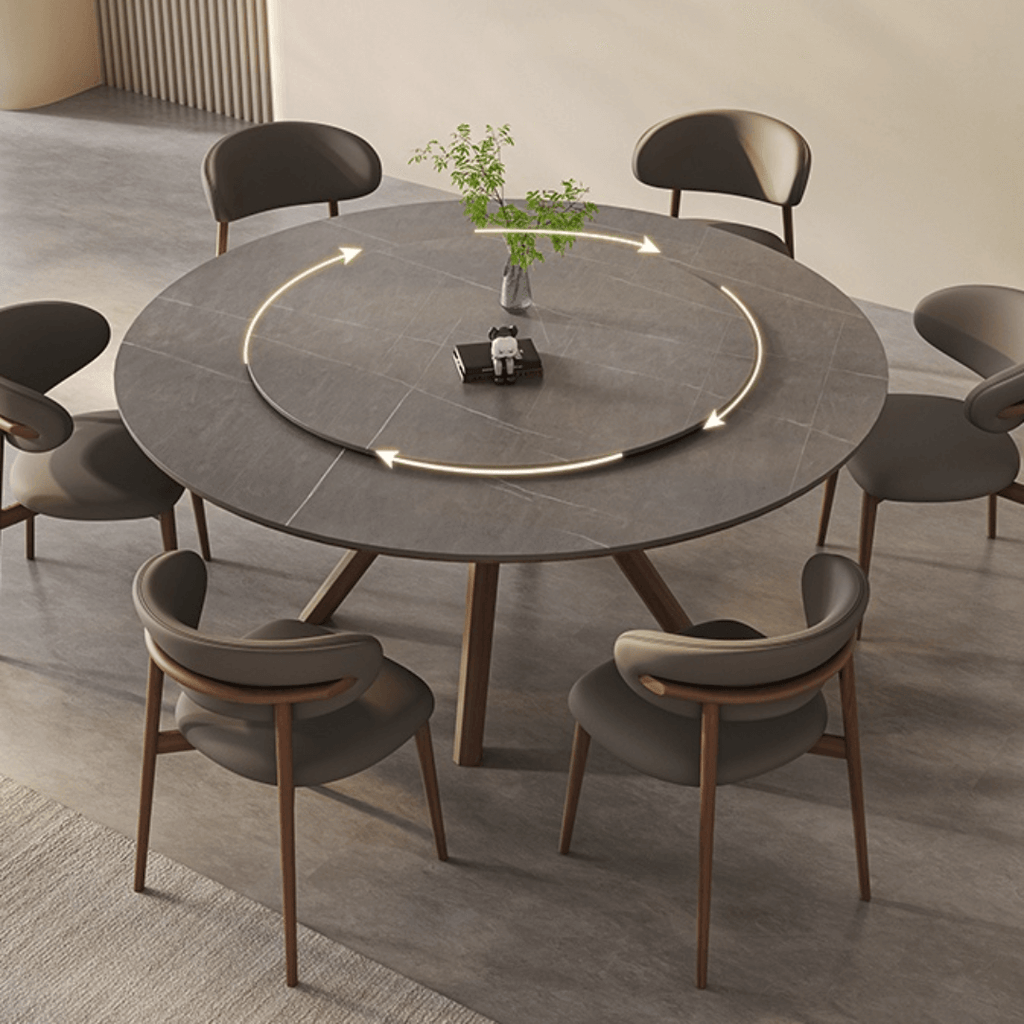 High-End Rotating Round Dining Table in Stylish Gray and Warm Wood Finish