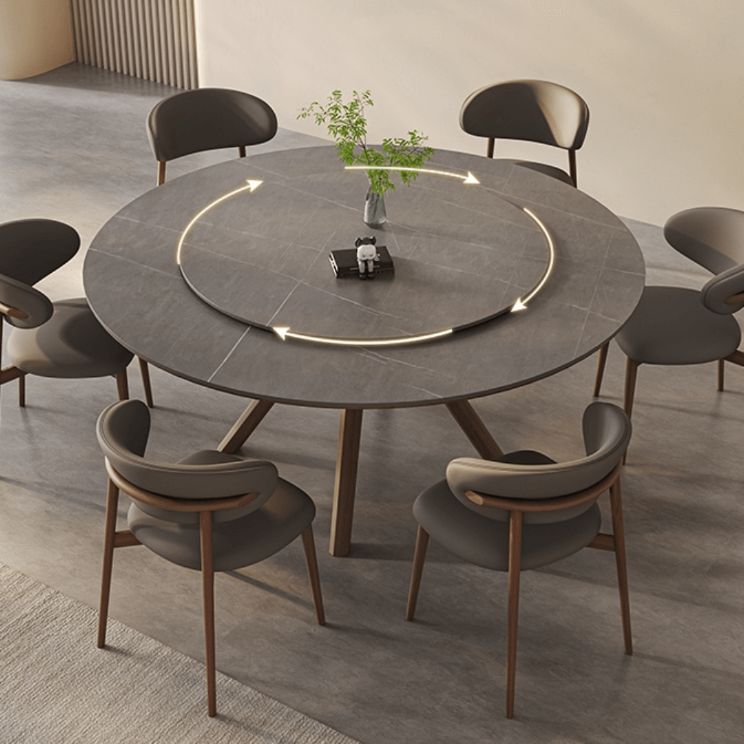 High-End Rotating Round Dining Table in Stylish Gray and Warm Wood Finish