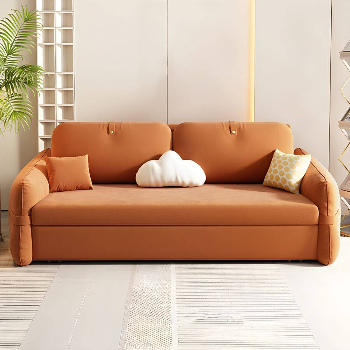 Orange polyester blend sleeper sofa with scratch-resistant surface and detachable mattress futons